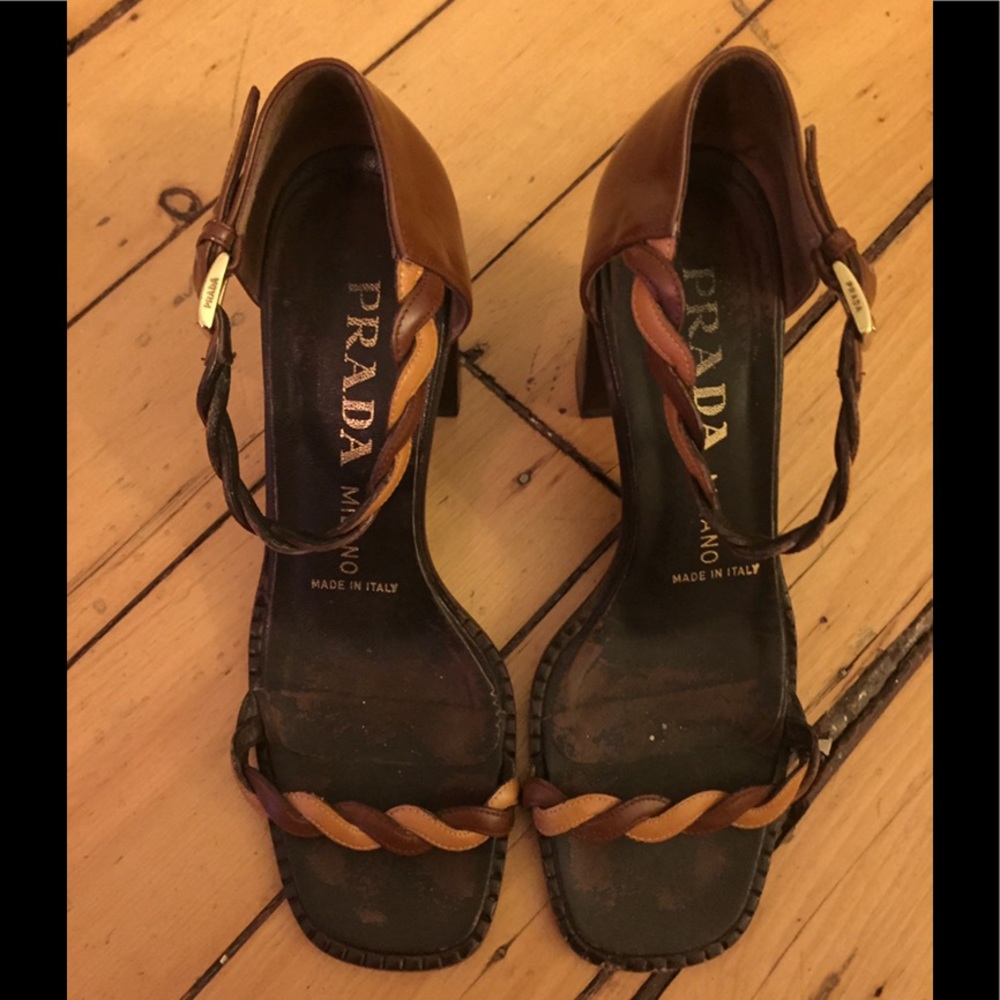Prada Black & Tan Braided Chunky Heel Sandel